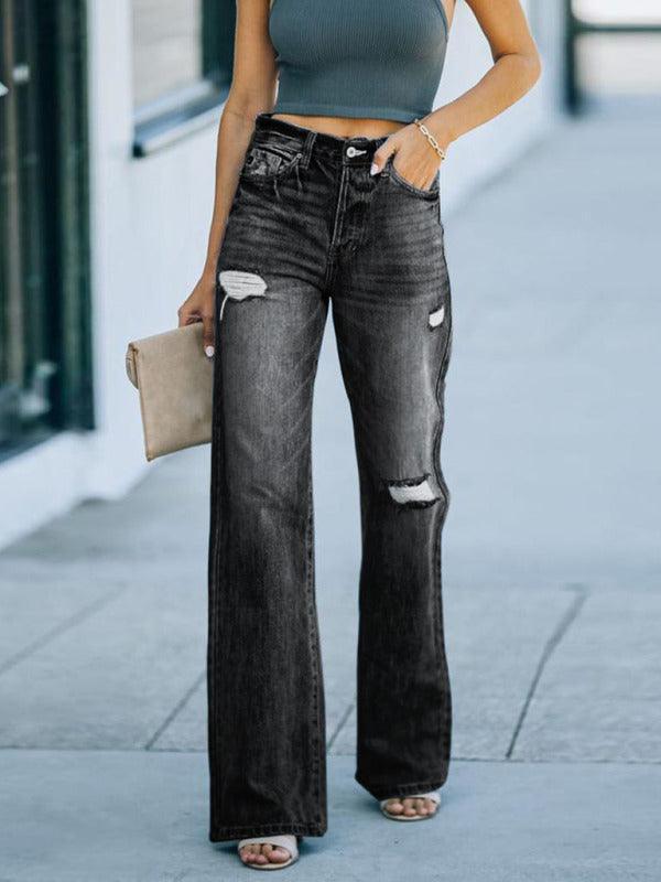 Women's Washed Ripped Wide Leg Jeans - 808Lush