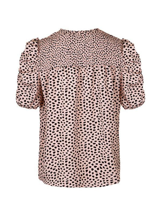 Women's Woven Casual Fashion Leopard Print Round Neck Short Sleeve Shirt - 808Lush