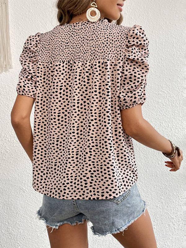 Women's Woven Casual Fashion Leopard Print Round Neck Short Sleeve Shirt - 808Lush