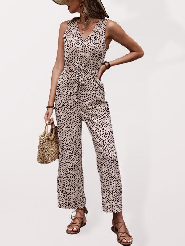 Women's Woven Fashion Casual Leopard Print V-Neck Jumpsuit - 808Lush