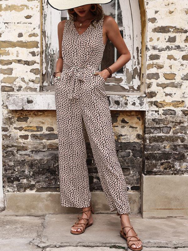 Women's Woven Fashion Casual Leopard Print V-Neck Jumpsuit - 808Lush