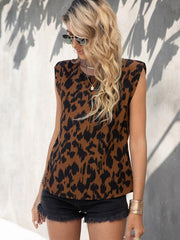 Women's Woven Fashion Casual Round Neck Leopard Print Sleeveless Tank Top - 808Lush