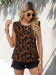 Women's Woven Fashion Casual Round Neck Leopard Print Sleeveless Tank Top - 808Lush