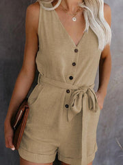 Women's Woven Fashion V-Neck Button-Up Sleeveless Jumpsuit - 808Lush