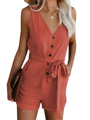 Women's Woven Fashion V-Neck Button-Up Sleeveless Jumpsuit - 808Lush