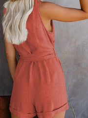 Women's Woven Fashion V-Neck Button-Up Sleeveless Jumpsuit - 808Lush