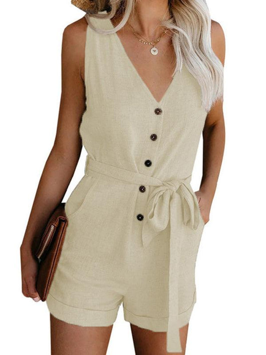 Women's Woven Fashion V-Neck Button-Up Sleeveless Jumpsuit - 808Lush