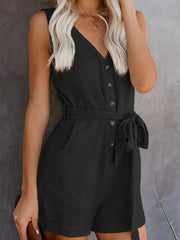 Women's Woven Fashion V-Neck Button-Up Sleeveless Jumpsuit - 808Lush