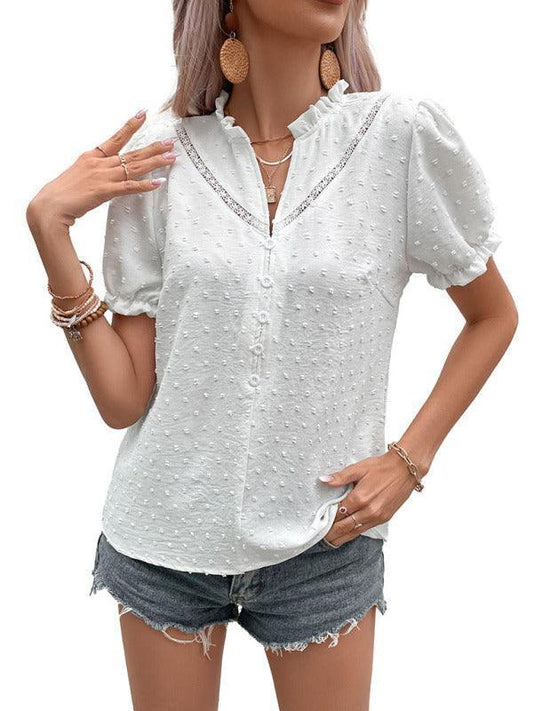 Women's Woven Jacquard Fabric Short Sleeve Lace Shirt - 808Lush