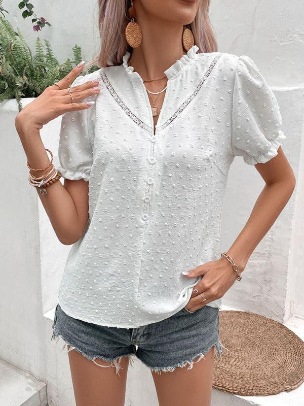 Women's Woven Jacquard Fabric Short Sleeve Lace Shirt - 808Lush