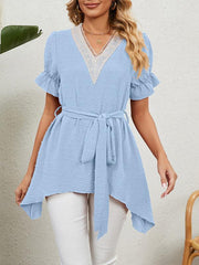 Women's Woven Jacquard V-Neck Loose Tie Chiffon Short Sleeve Top - 808Lush