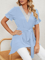 Women's Woven Jacquard V-Neck Loose Tie Chiffon Short Sleeve Top - 808Lush