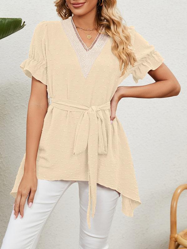 Women's Woven Jacquard V-Neck Loose Tie Chiffon Short Sleeve Top - 808Lush