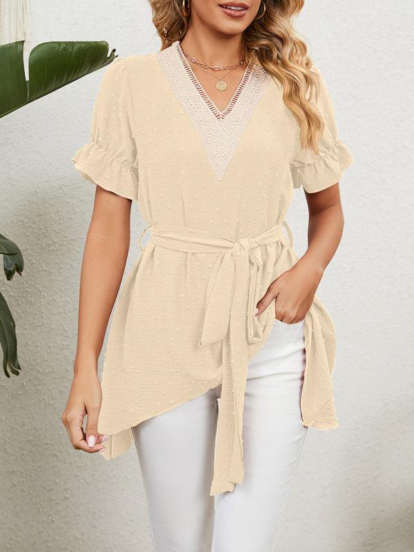 Women's Woven Jacquard V-Neck Loose Tie Chiffon Short Sleeve Top - 808Lush