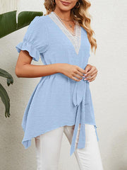 Women's Woven Jacquard V-Neck Loose Tie Chiffon Short Sleeve Top - 808Lush