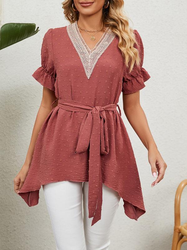 Women's Woven Jacquard V-Neck Loose Tie Chiffon Short Sleeve Top - 808Lush