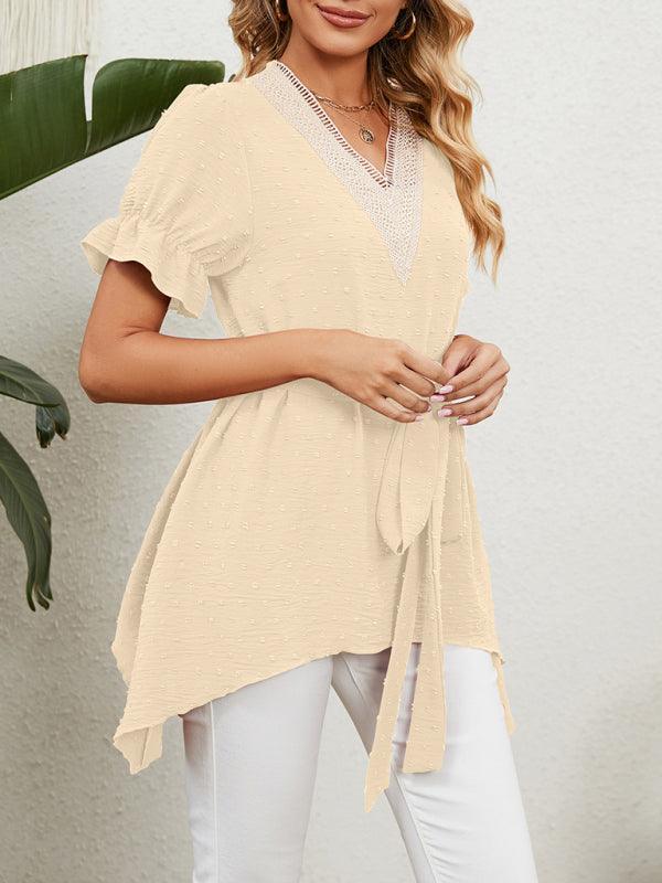 Women's Woven Jacquard V-Neck Loose Tie Chiffon Short Sleeve Top - 808Lush