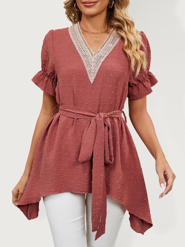 Women's Woven Jacquard V-Neck Loose Tie Chiffon Short Sleeve Top - 808Lush