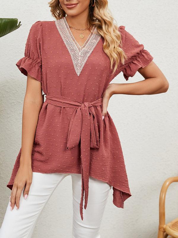 Women's Woven Jacquard V-Neck Loose Tie Chiffon Short Sleeve Top - 808Lush