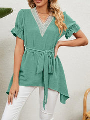 Women's Woven Jacquard V-Neck Loose Tie Chiffon Short Sleeve Top - 808Lush