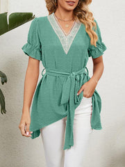 Women's Woven Jacquard V-Neck Loose Tie Chiffon Short Sleeve Top - 808Lush