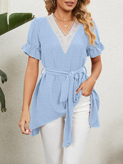 Women's Woven Jacquard V-Neck Loose Tie Chiffon Short Sleeve Top - 808Lush