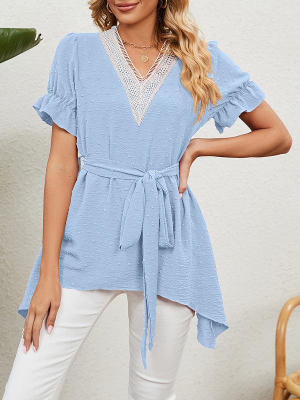 Women's Woven Jacquard V-Neck Loose Tie Chiffon Short Sleeve Top - 808Lush