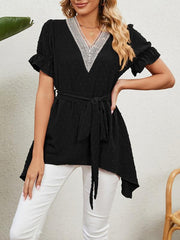 Women's Woven Jacquard V-Neck Loose Tie Chiffon Short Sleeve Top - 808Lush