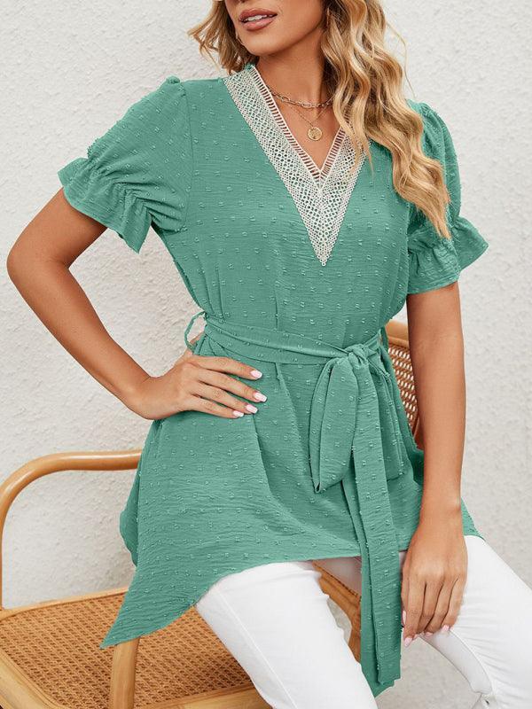 Women's Woven Jacquard V-Neck Loose Tie Chiffon Short Sleeve Top - 808Lush