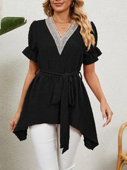 Women's Woven Jacquard V-Neck Loose Tie Chiffon Short Sleeve Top - 808Lush