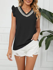 Women's Woven Lace V-Neck Short Sleeve Loose Chiffon Top - 808Lush