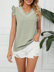 Women's Woven Lace V-Neck Short Sleeve Loose Chiffon Top - 808Lush