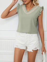 Women's Woven Lace V-Neck Short Sleeve Loose Chiffon Top - 808Lush