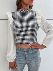 Women's Woven Mock Neck Long Sleeve Houndstooth Shirt - 808Lush