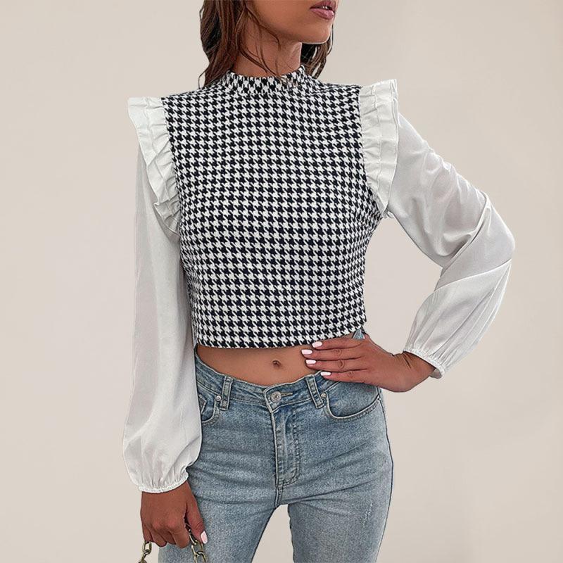 Women's Woven Mock Neck Long Sleeve Houndstooth Shirt - 808Lush