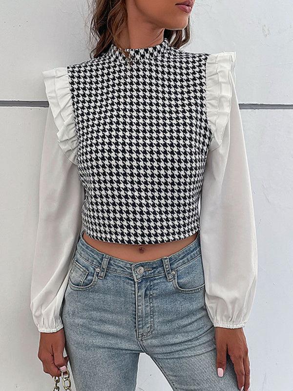 Women's Woven Mock Neck Long Sleeve Houndstooth Shirt - 808Lush