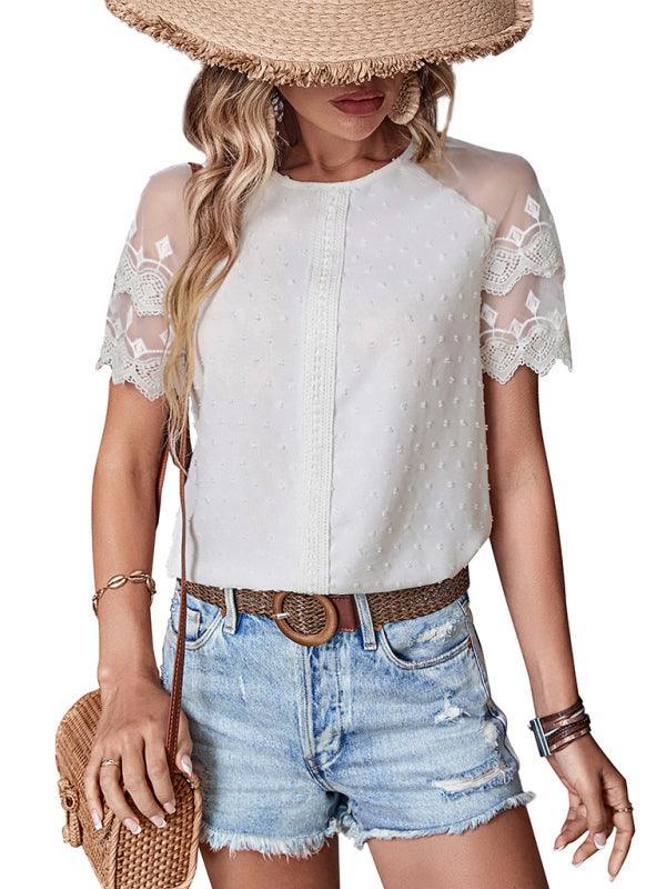 Women's Woven Round Neck Lace Stitching Short Sleeve Shirt - 808Lush