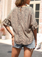 Women's Woven Round Neck Leopard Dolman-Sleeve Shirt - 808Lush