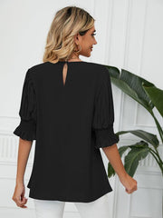 Women's Woven Round Neck Ruffle Princess Sleeve Loose Chiffon Top - 808Lush