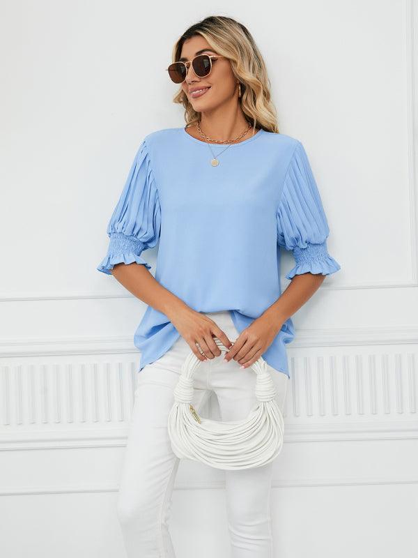 Women's Woven Round Neck Ruffle Princess Sleeve Loose Chiffon Top - 808Lush