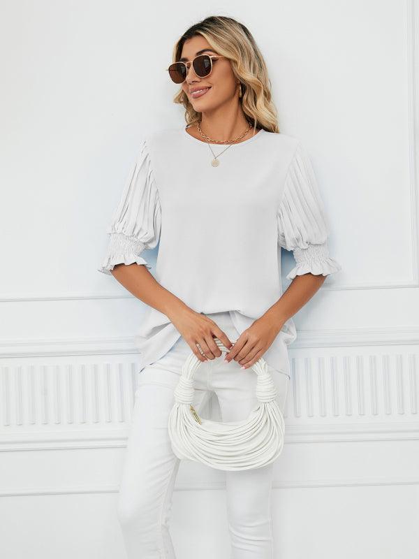 Women's Woven Round Neck Ruffle Princess Sleeve Loose Chiffon Top - 808Lush