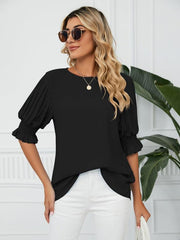 Women's Woven Round Neck Ruffle Princess Sleeve Loose Chiffon Top - 808Lush