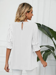 Women's Woven Round Neck Ruffle Princess Sleeve Loose Chiffon Top - 808Lush