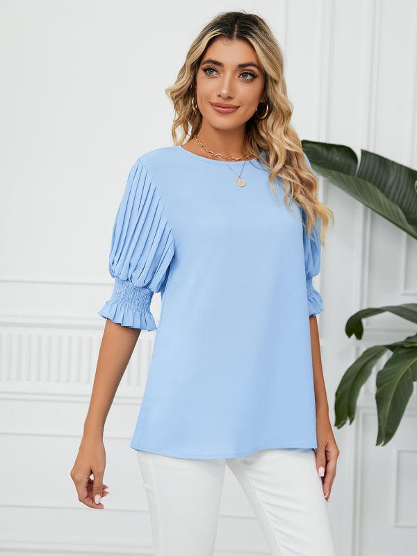 Women's Woven Round Neck Ruffle Princess Sleeve Loose Chiffon Top - 808Lush