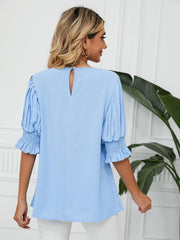 Women's Woven Round Neck Ruffle Princess Sleeve Loose Chiffon Top - 808Lush