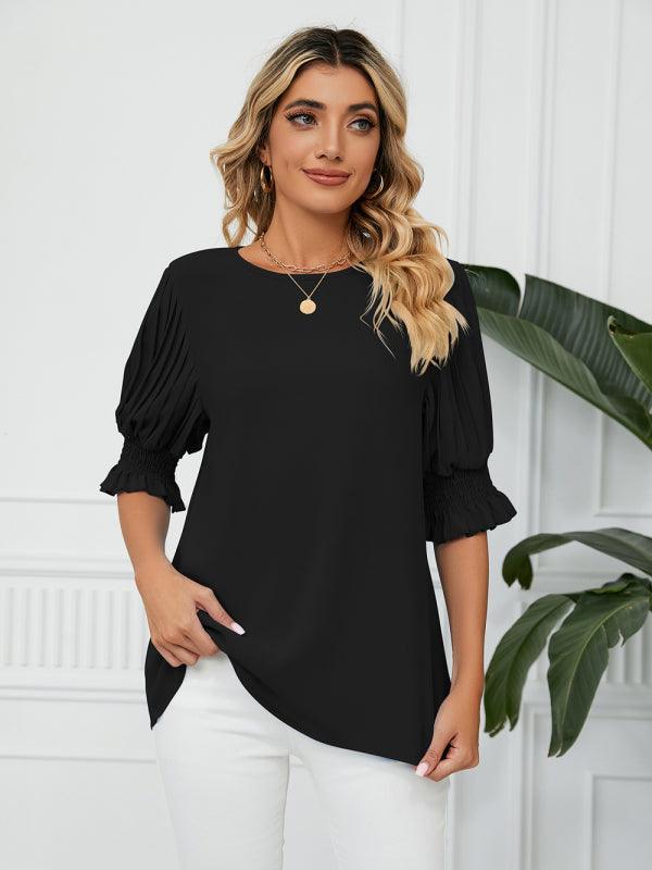 Women's Woven Round Neck Ruffle Princess Sleeve Loose Chiffon Top - 808Lush