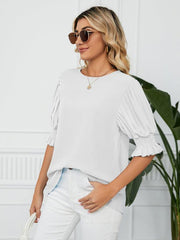 Women's Woven Round Neck Ruffle Princess Sleeve Loose Chiffon Top - 808Lush