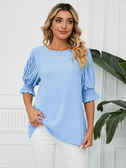 Women's Woven Round Neck Ruffle Princess Sleeve Loose Chiffon Top - 808Lush