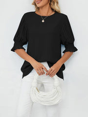 Women's Woven Round Neck Ruffle Princess Sleeve Loose Chiffon Top - 808Lush