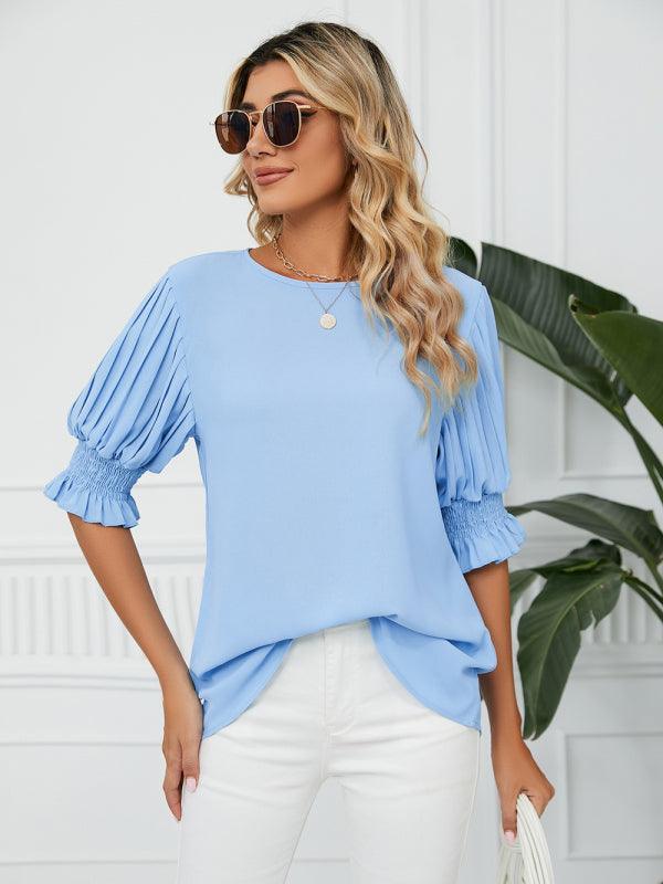 Women's Woven Round Neck Ruffle Princess Sleeve Loose Chiffon Top - 808Lush